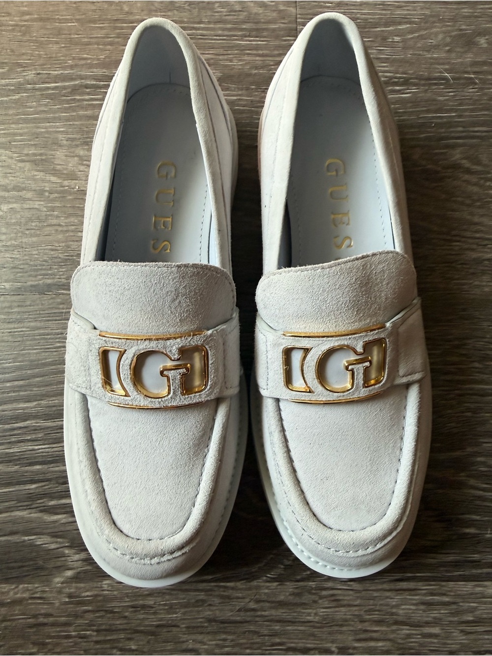 GUESS Women's Cream Suede Loafers with Gold GG Accent